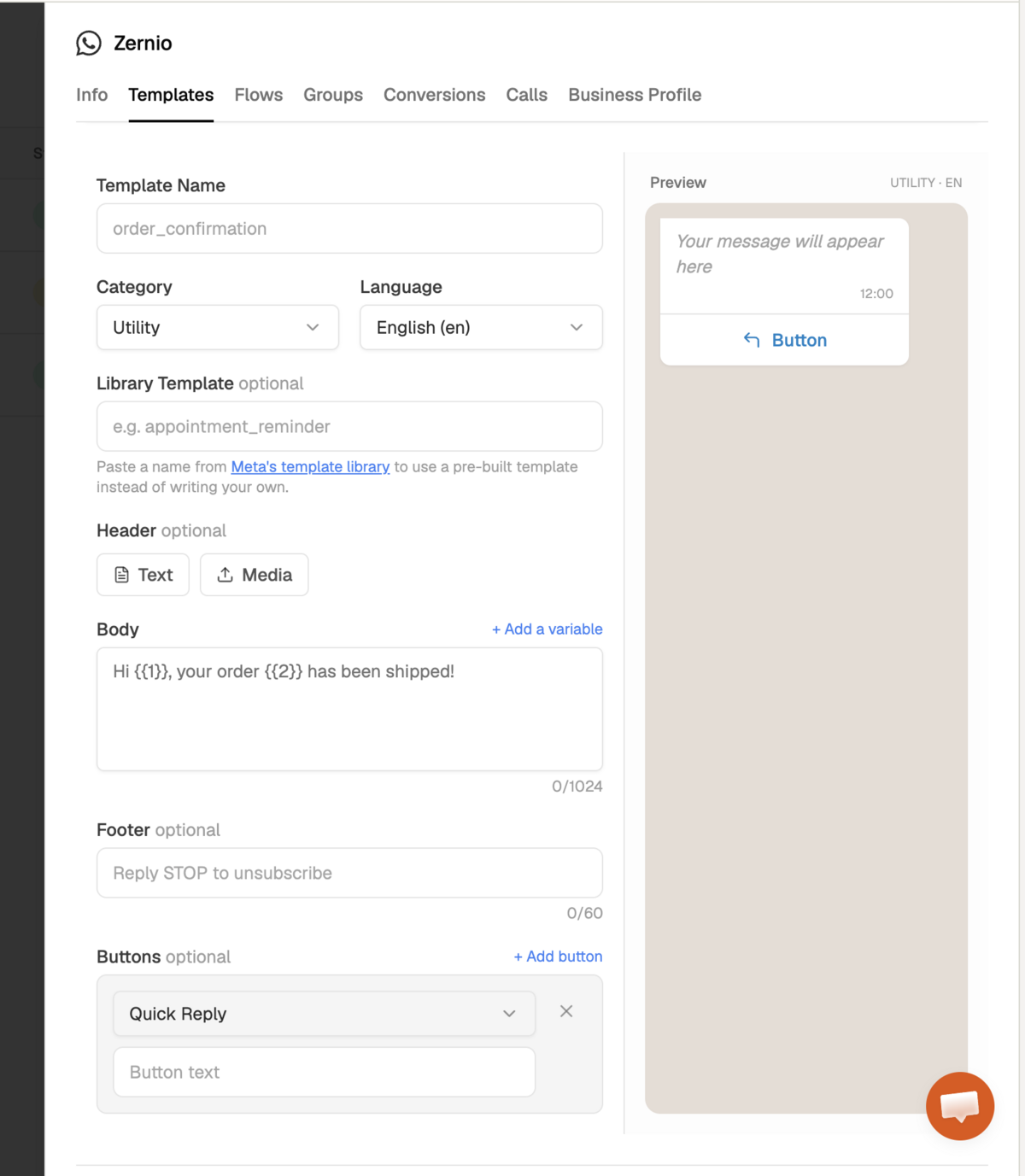 create WhatsApp template with Zernio